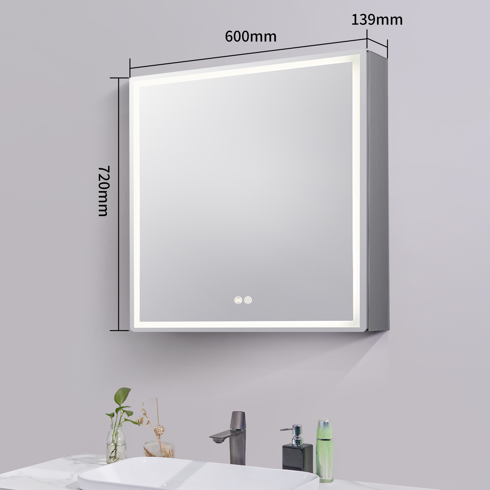 600*720*139mm Silver Brushed Rectangular LED Mirror Shaving Cabinet(Single Door,Anti-Fogging)