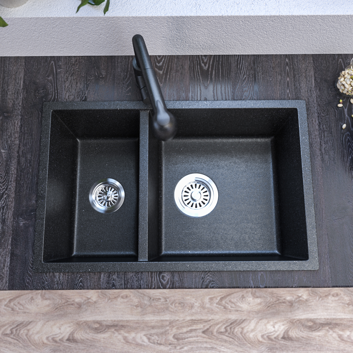 7145 Black Granite Sink – 1 & ½ Bowl | Scratch & Stain Resistant