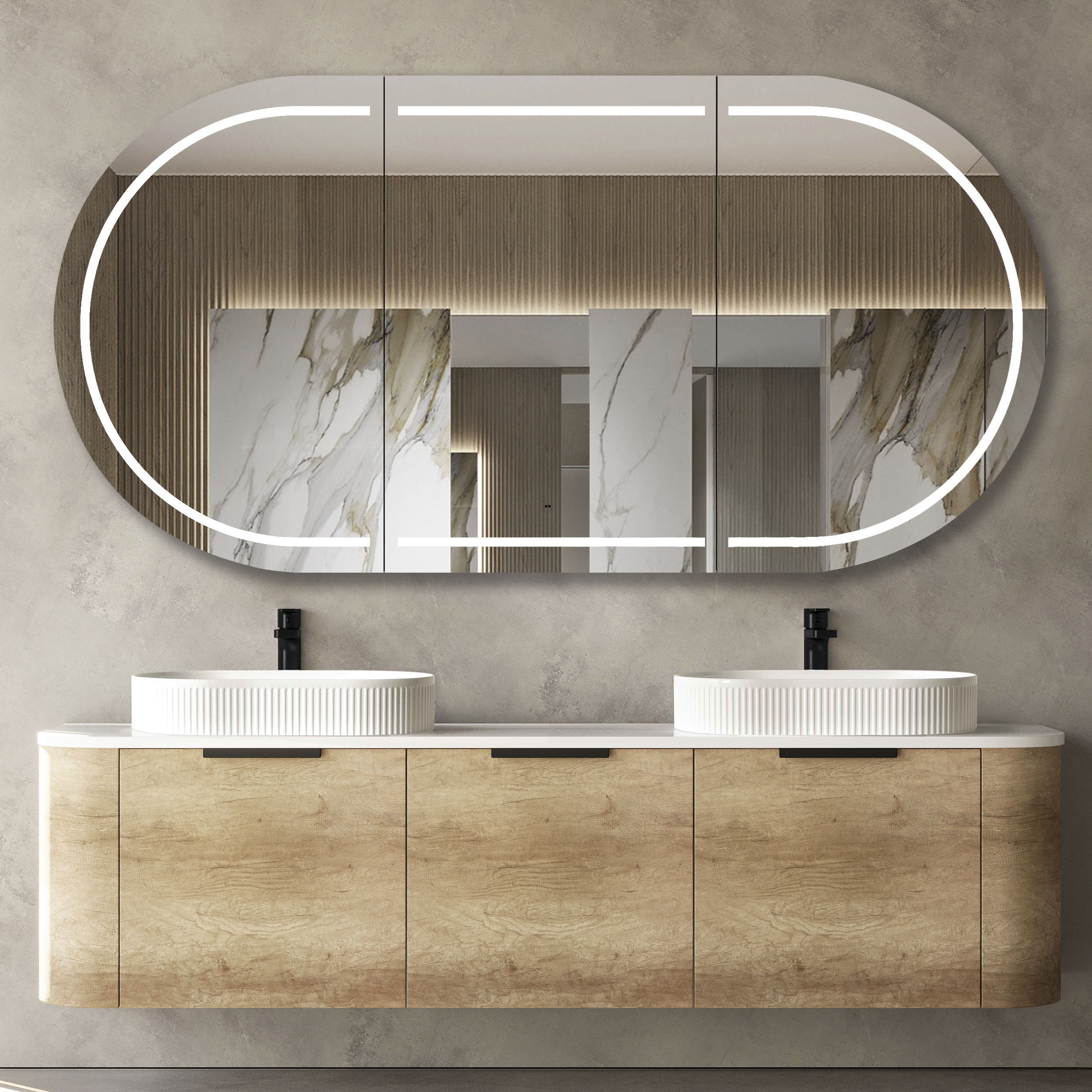 Bondi 1800mm Natural Oak Wall Hung Curve Vanity