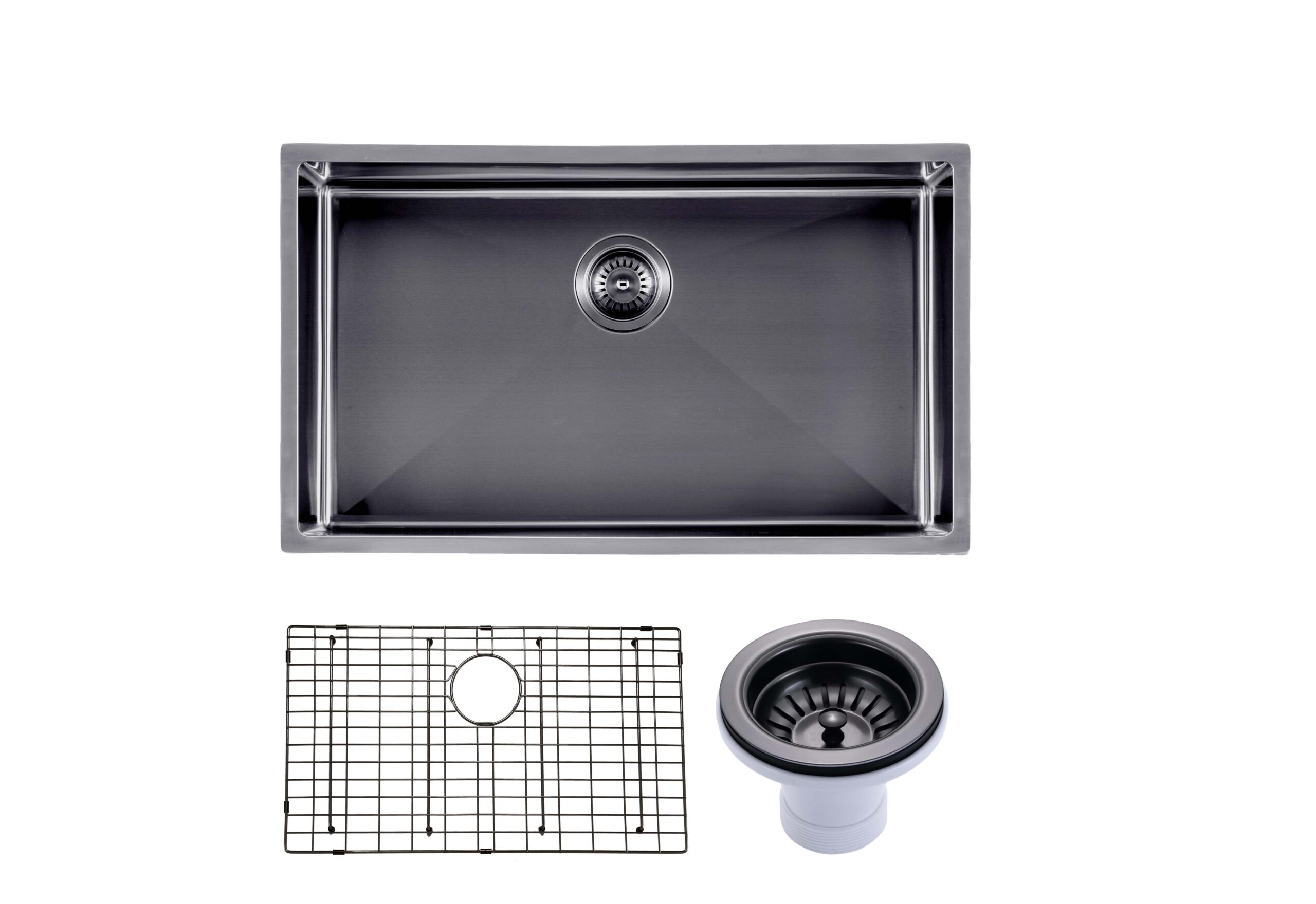 (C-762 Black)Round Corner Stainless Steel Gun Metal Grey PVD Coating Single Bowl Kitchen Sink(with Bottom Tray) 762*457*254mm