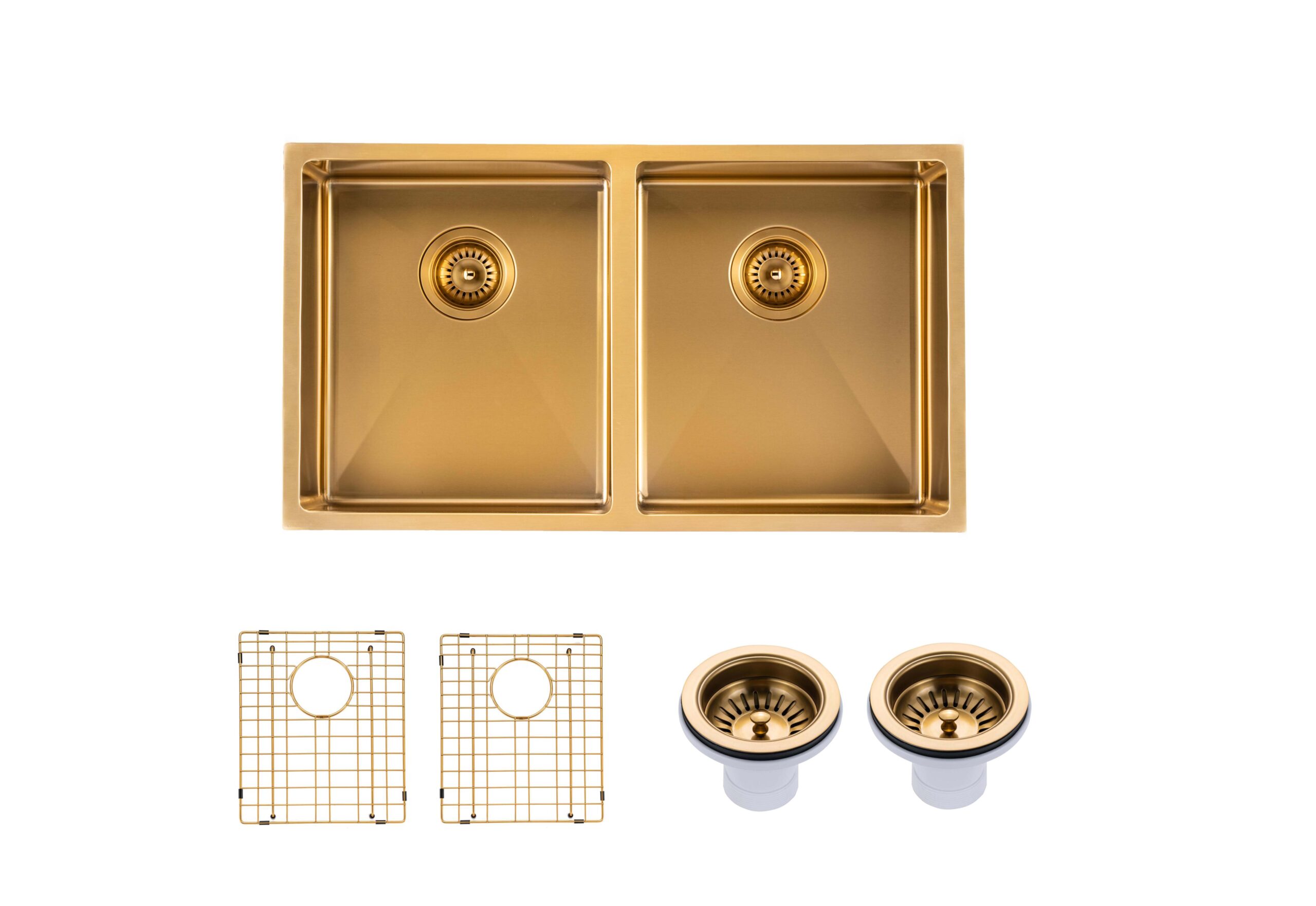 (C-770 Gold)Round Corner Stainless Steel Brushed Brass PVD Coating Double Bowl Kitchen Sink(with Bottom Tray) 770*450*215mm