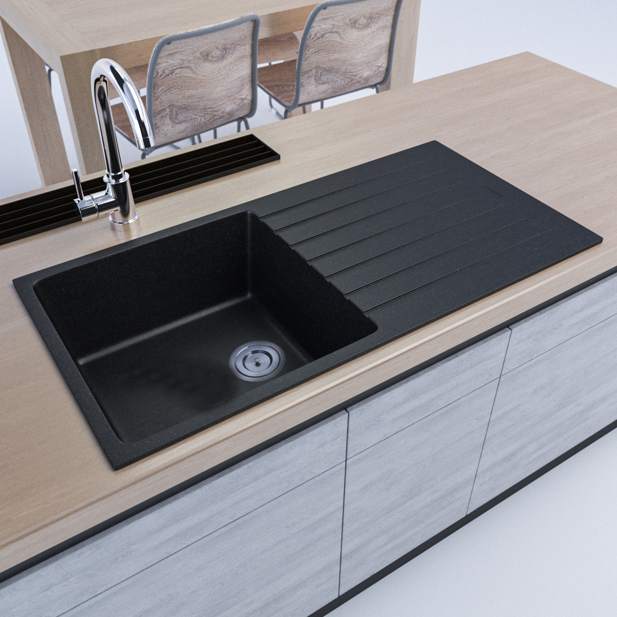 1000x500 Black Single Bowl Granite Sink with Drainer – Scratch & Stain Resistant