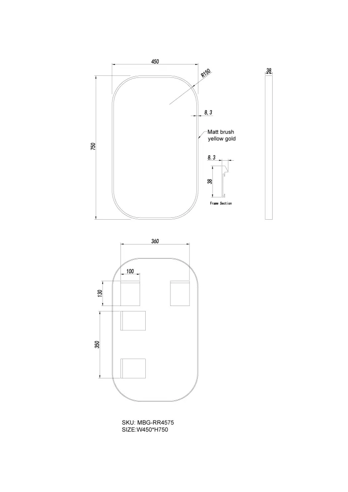450*750mm Matte Brushed Gold Non-Luminous Framed Mirror Mounted Vertical or Horizontal