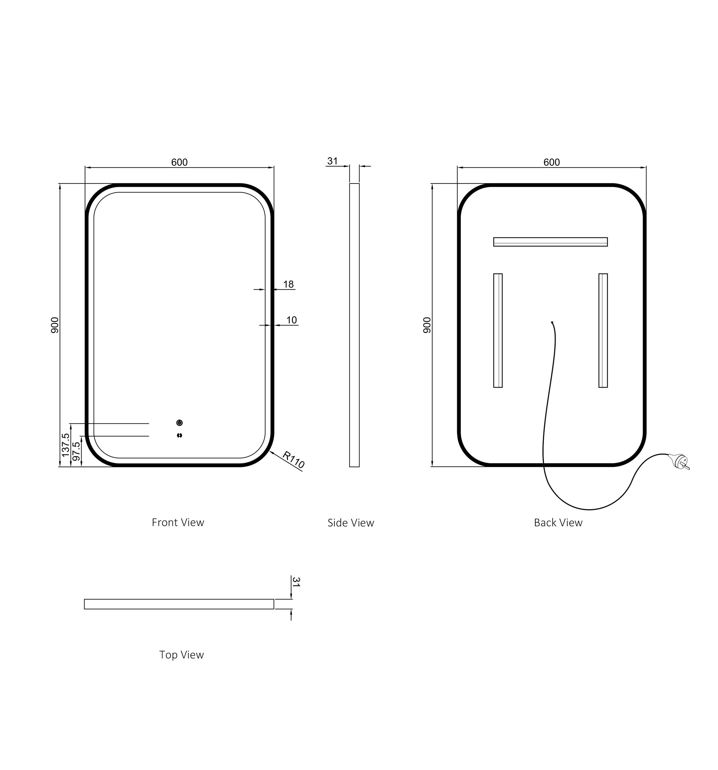 OTTI LED Newport 900(H)x600(W) Black Metal Frame Tuffi Mirror- Install Horizontal or Vertical