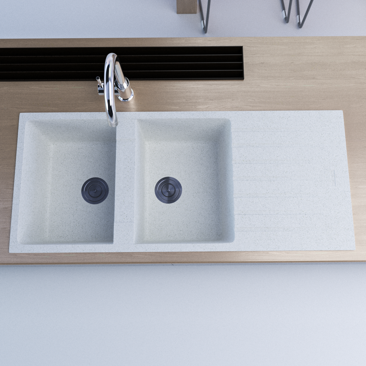 1160 x 500mm White Granite Sink with Drainer – Double Bowl | Scratch & Stain Resistant
