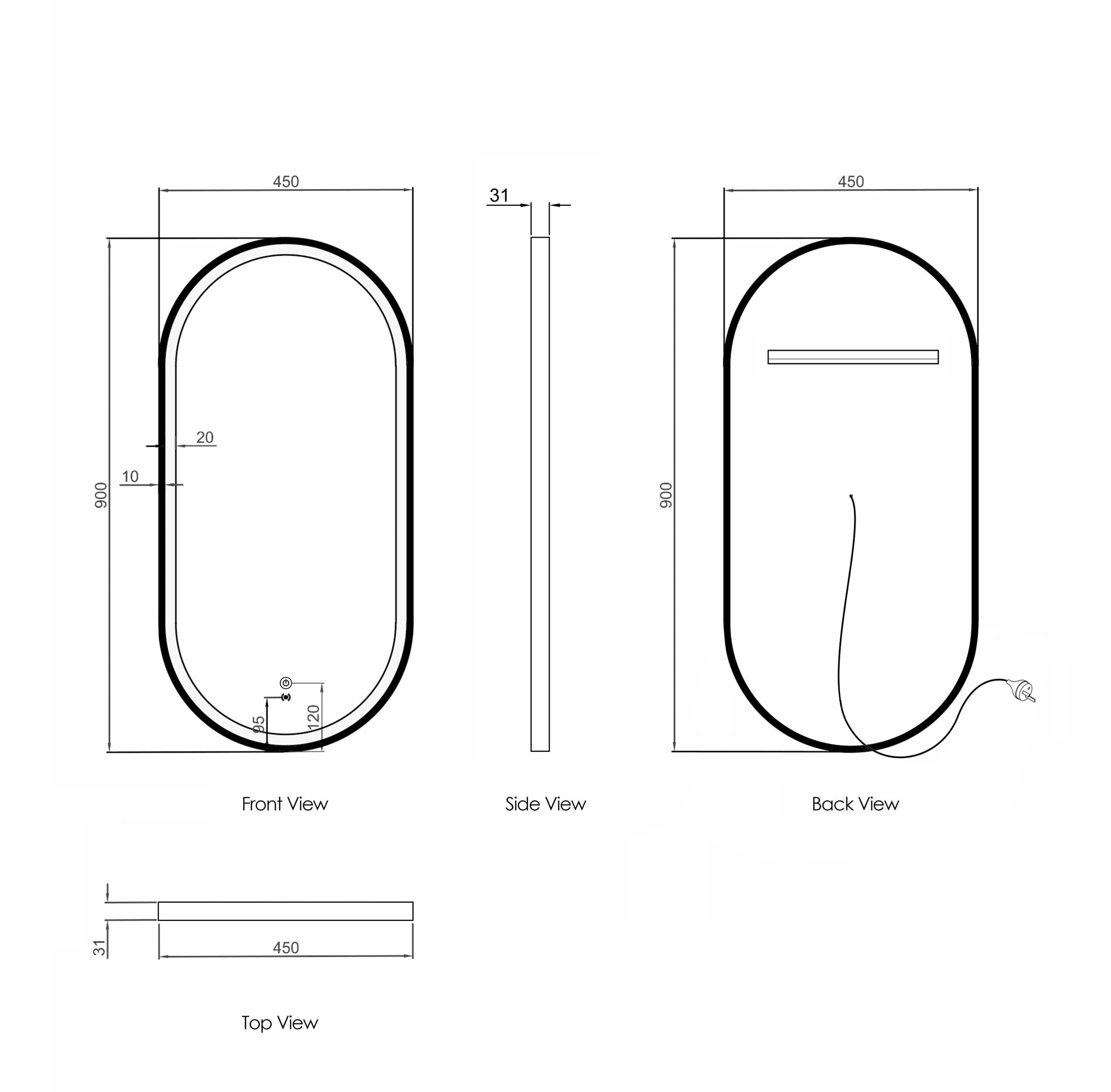 OTTI LED Noosa 900(H)x450(W) White Metal Frame Tuffi Mirror