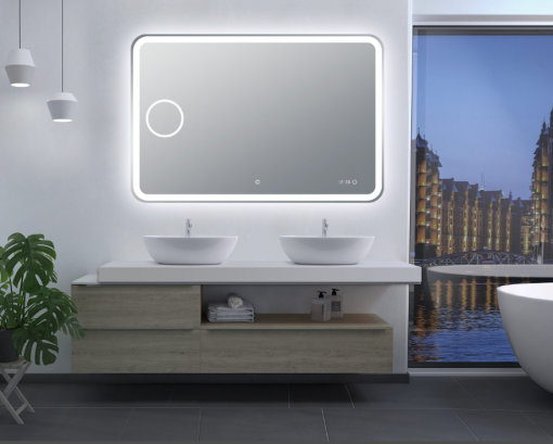 1200×800 mm Curved Rim Rectangle 3-Color Frontlit LED Mirror with Magnifier & Defogger