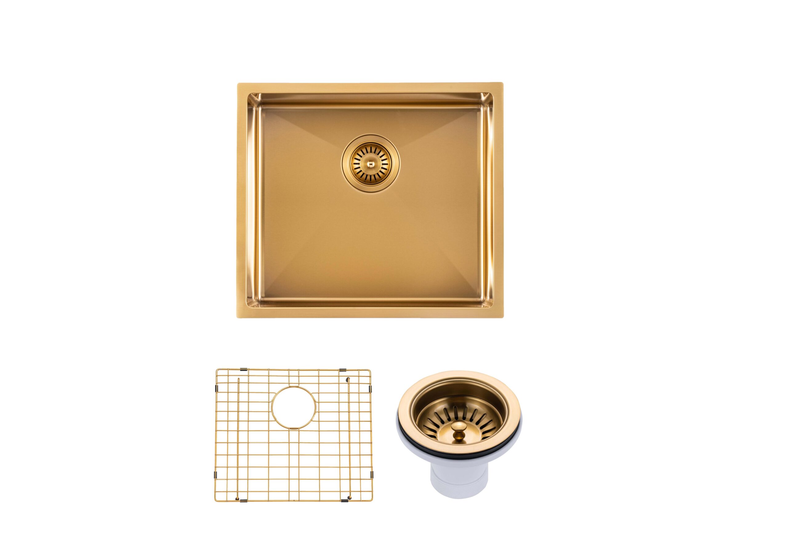Aquaperla Round Corner Stainless Steel Brushed Brass Gold PVD Coating Single Bowl Kitchen Sink(with Bottom Tray) 500*440*230mm