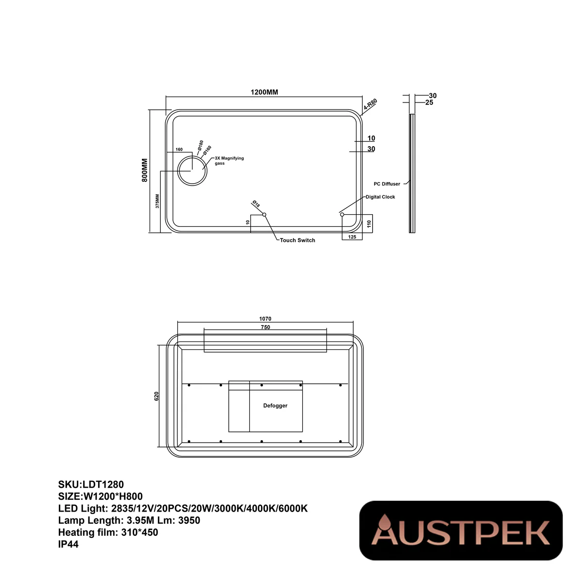 1200×800 mm Curved Rim Rectangle 3-Color Frontlit LED Mirror with Magnifier & Defogger