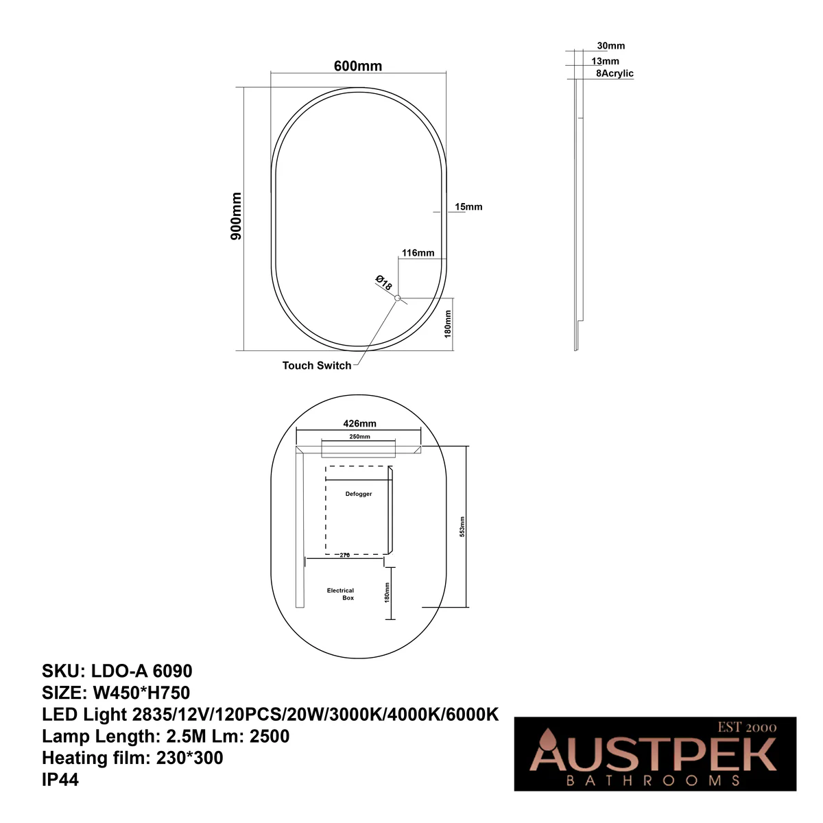 600×900 mm Oval 3-Color Lighting Acrylic LED Mirror with Defogger