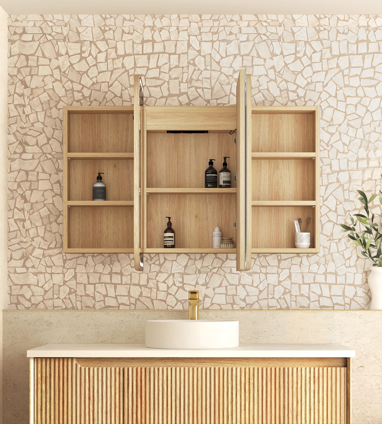 LED Newport 1200(W)x750(H) Natural Oak Shaving Cabinet - Premium Edition