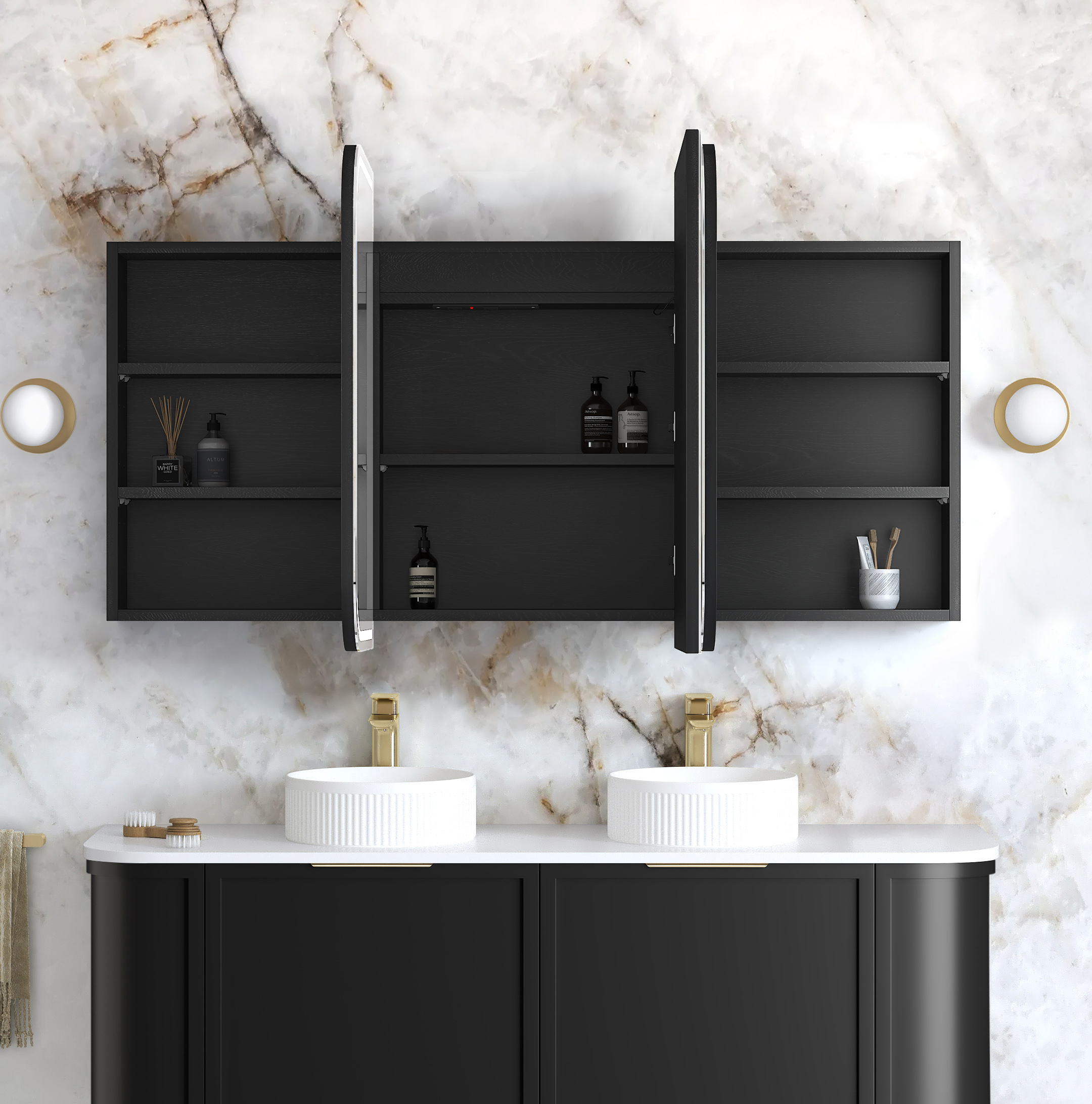 LED Newport 1500(W)x750(H) Black Oak Shaving Cabinet - Premium Edition