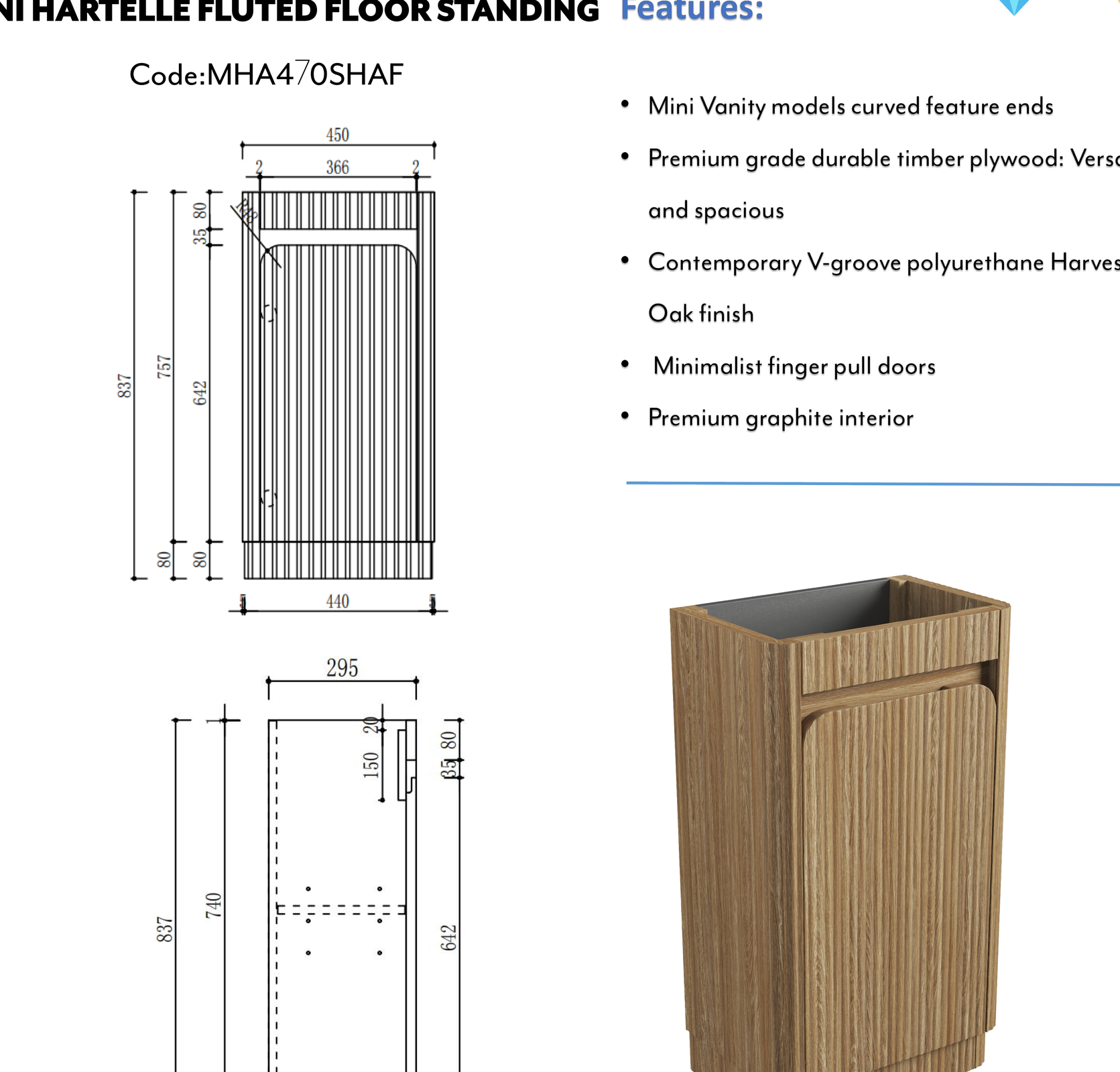Mini Hartelle Fluted Floor Standing Harvest Oak Cabinet