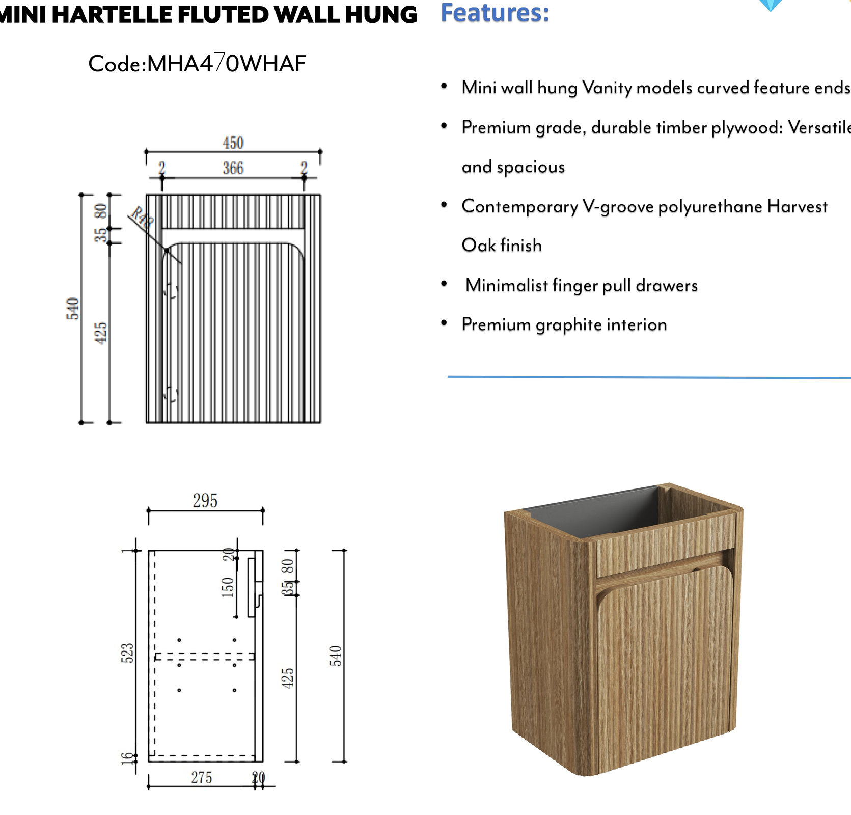 Mini Hartelle Fluted Wall Hung Harvest Oak Cabinet