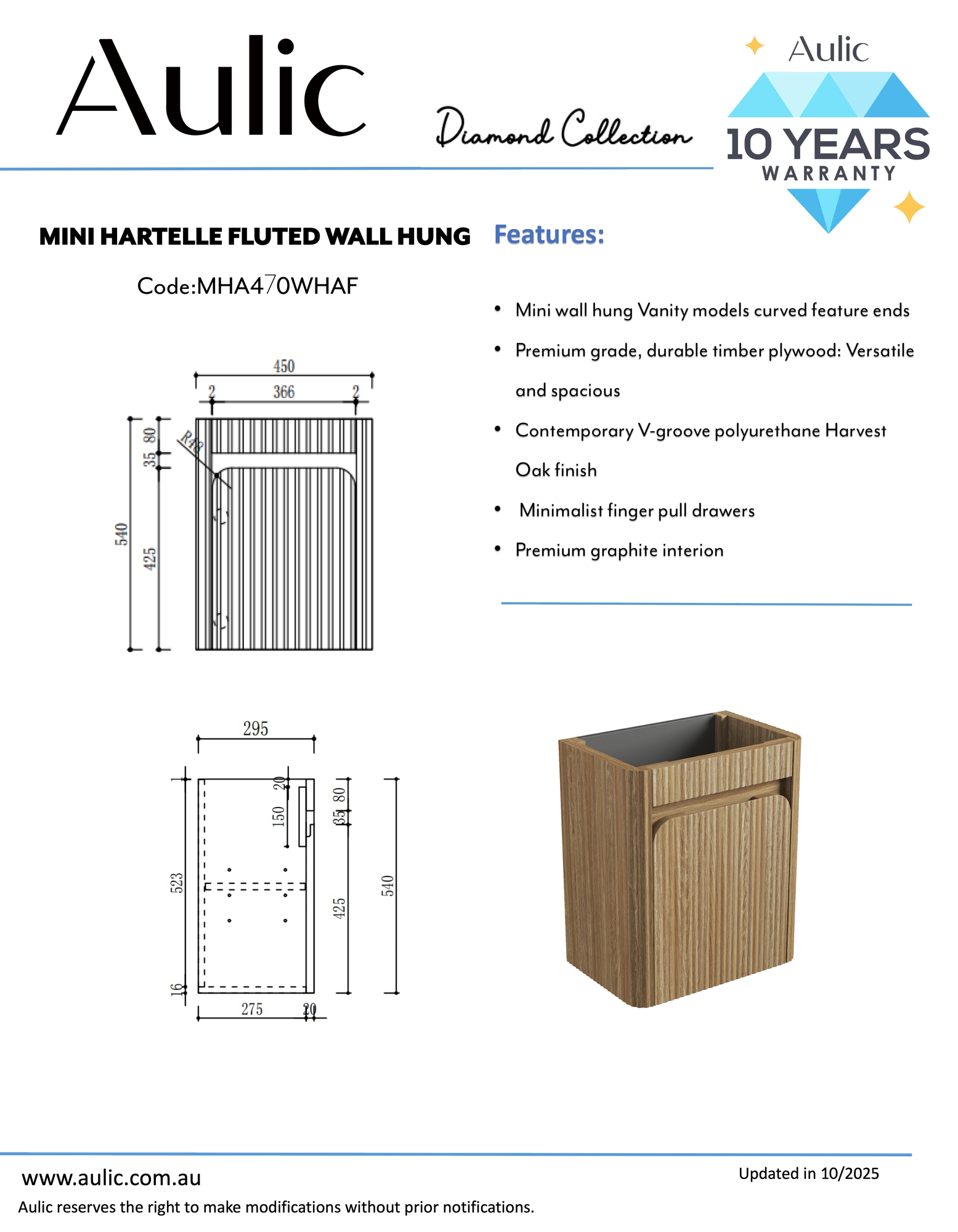 Mini Hartelle Fluted Wall Hung Harvest Oak Cabinet