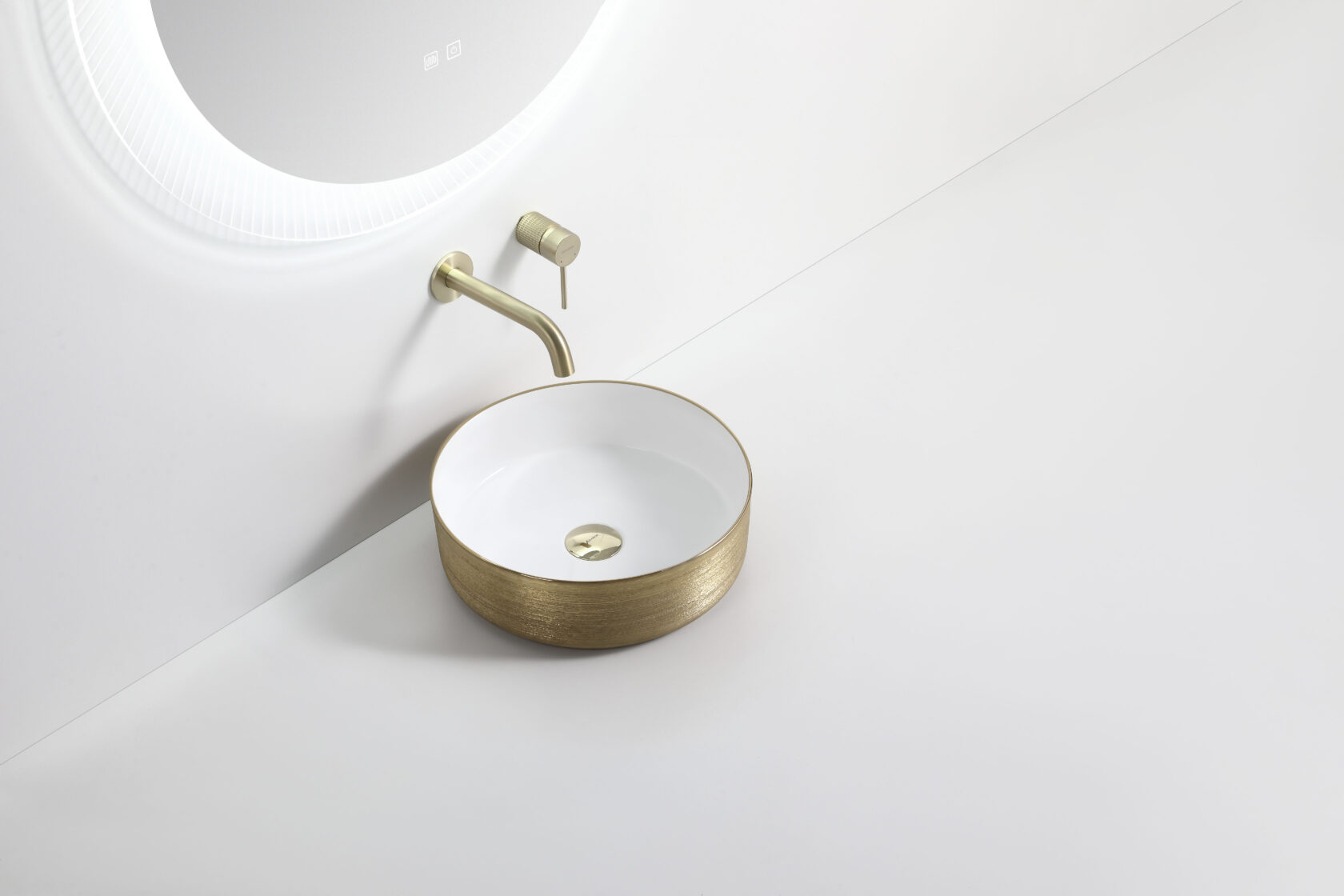 3018 Round Brushed Glod & Gloss White Ceramic Above Counter Basin