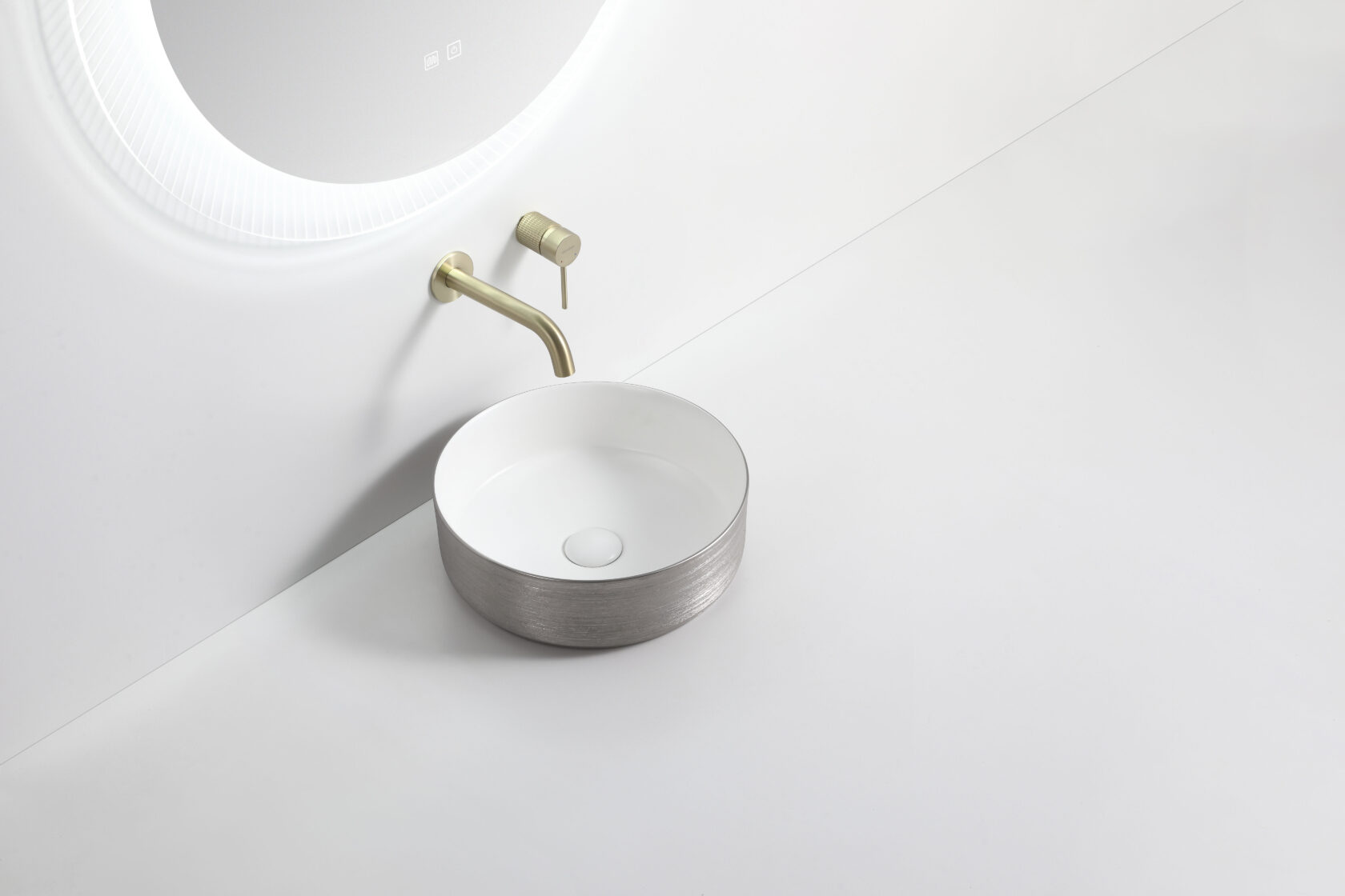 3018 Round Brushed Silver & Gloss White Ceramic Above Counter Basin