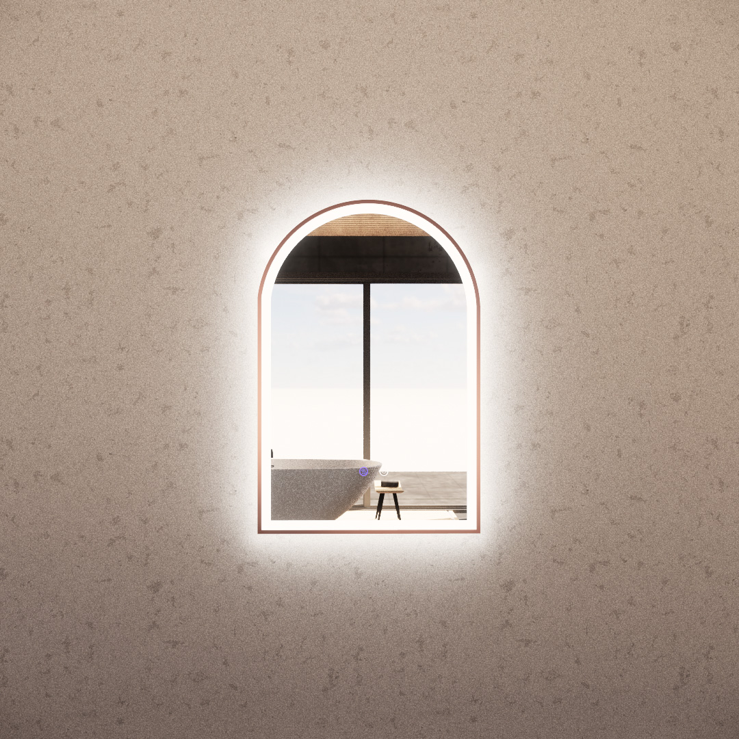 Brushed Copper Framed Arch LED Mirror with Easy Hooks and Dimmer - MLED-AR2-9060BC 900x600mm