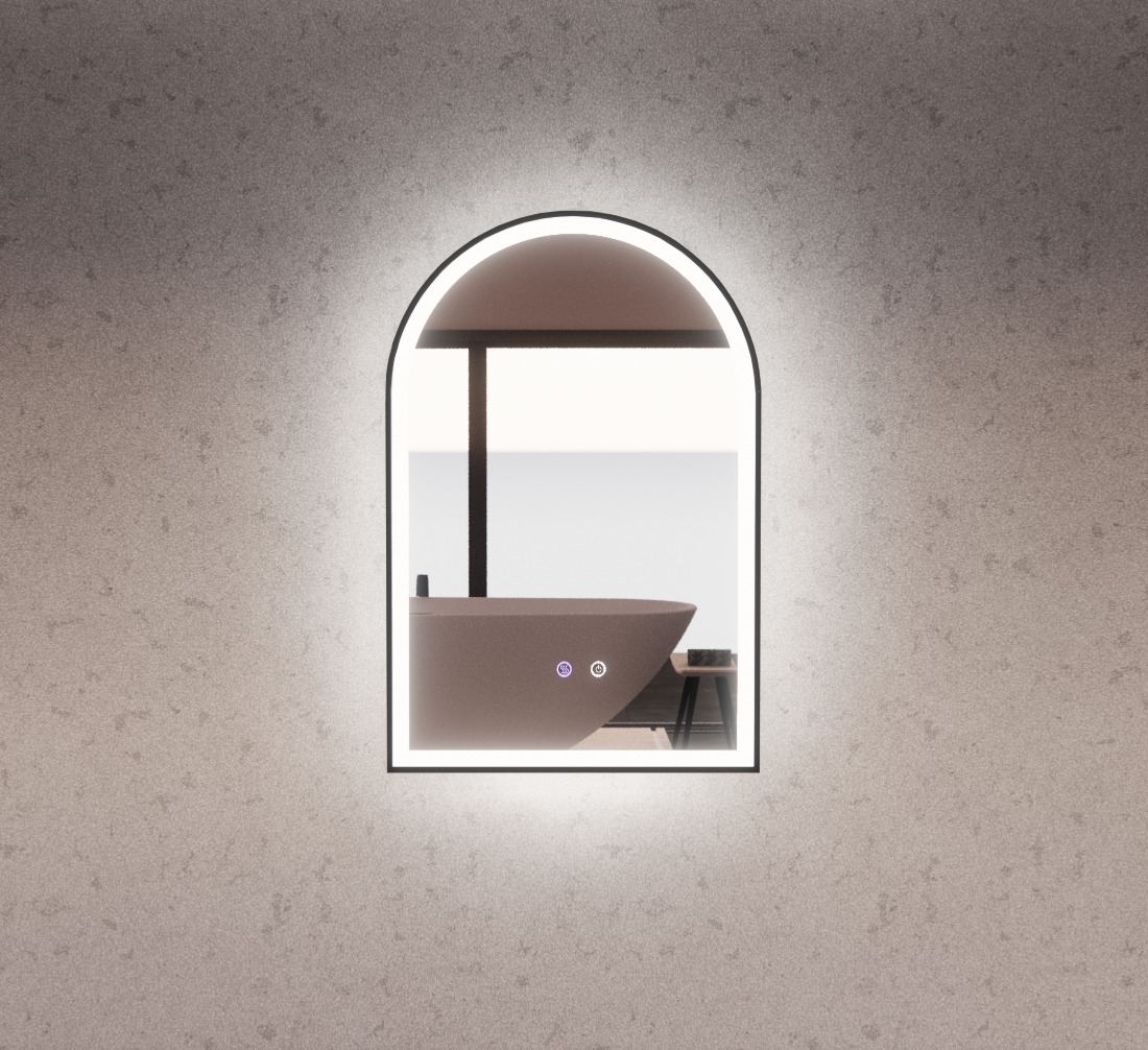 Black Framed Arch LED Mirror with Easy Hooks and Dimmer - MLED-AR2-9060BF 900x600mm