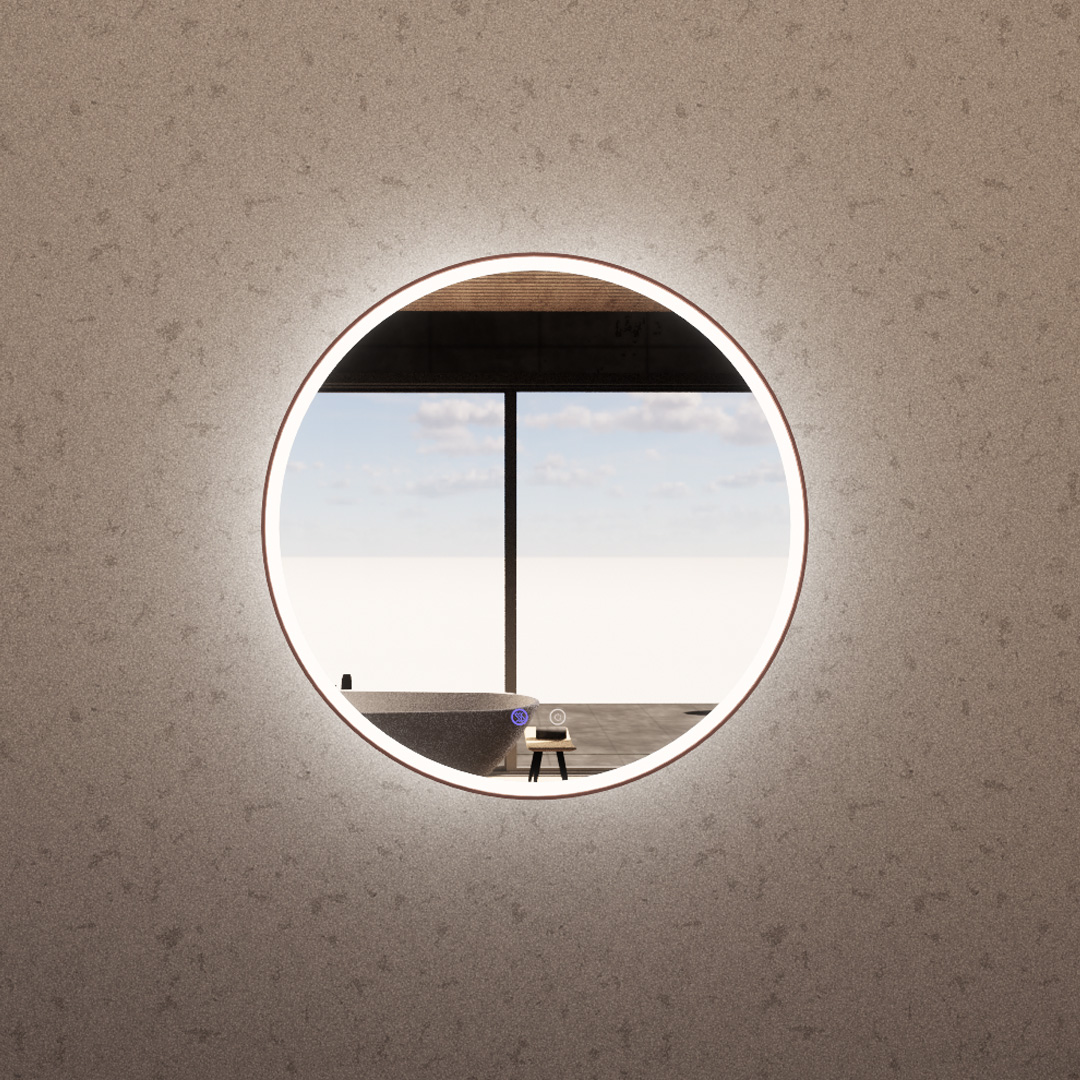 Brushed Copper Framed R3 LED Mirror Round with Easy Hooks and Dimmer - MLED-R3-6060BC 600x600mm