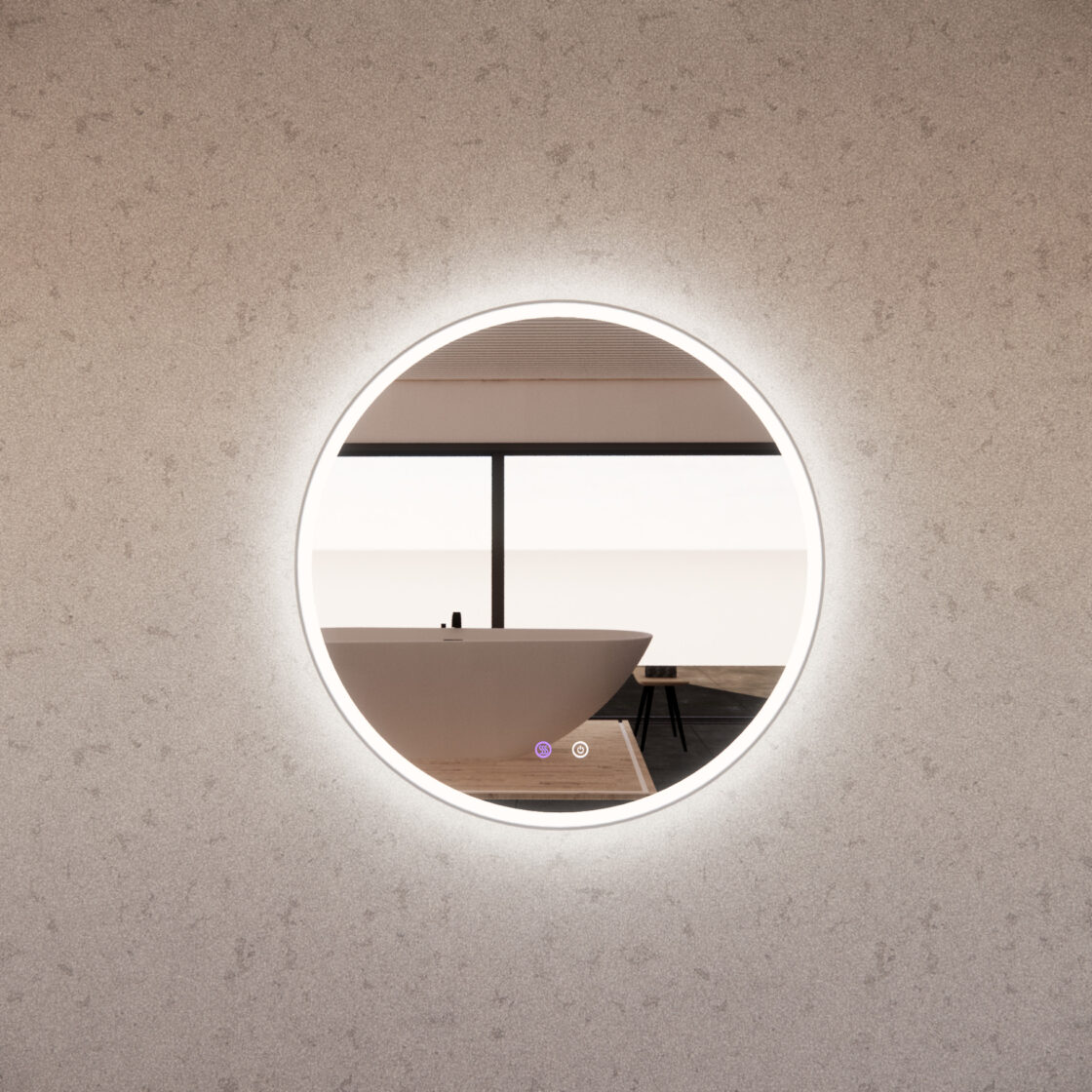 Brushed Nickel Framed R3 LED Mirror Round with Easy Hooks and Dimmer - MLED-R3-8080BN 800x800mm