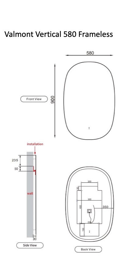 Valmont Vertical 580mm Frameless Line Drawing