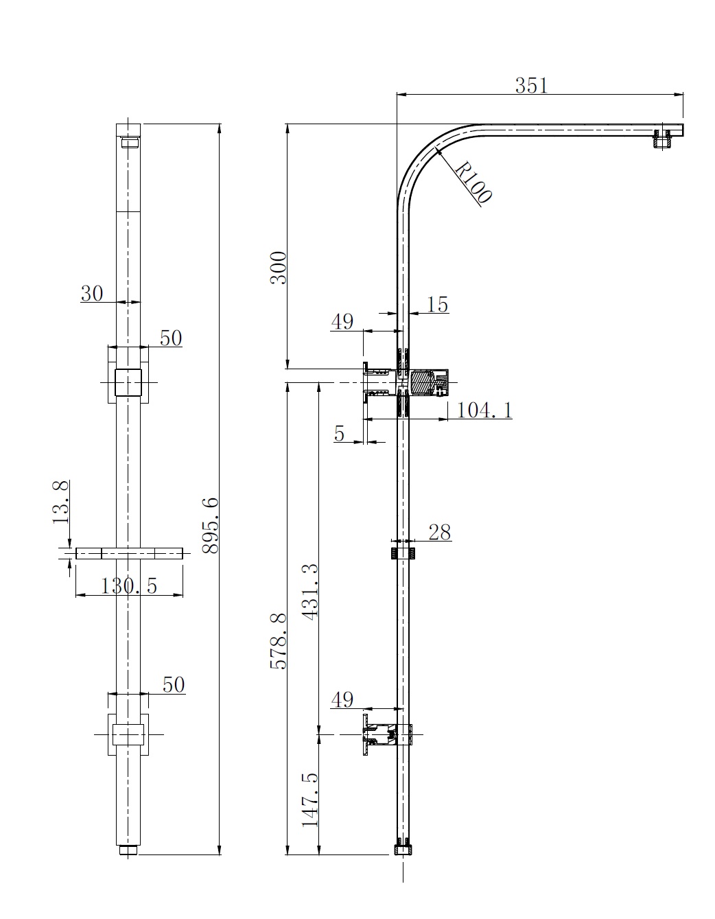 Taran 250mm Brushed Gold Twin Shower On Rail Top Inlet Square