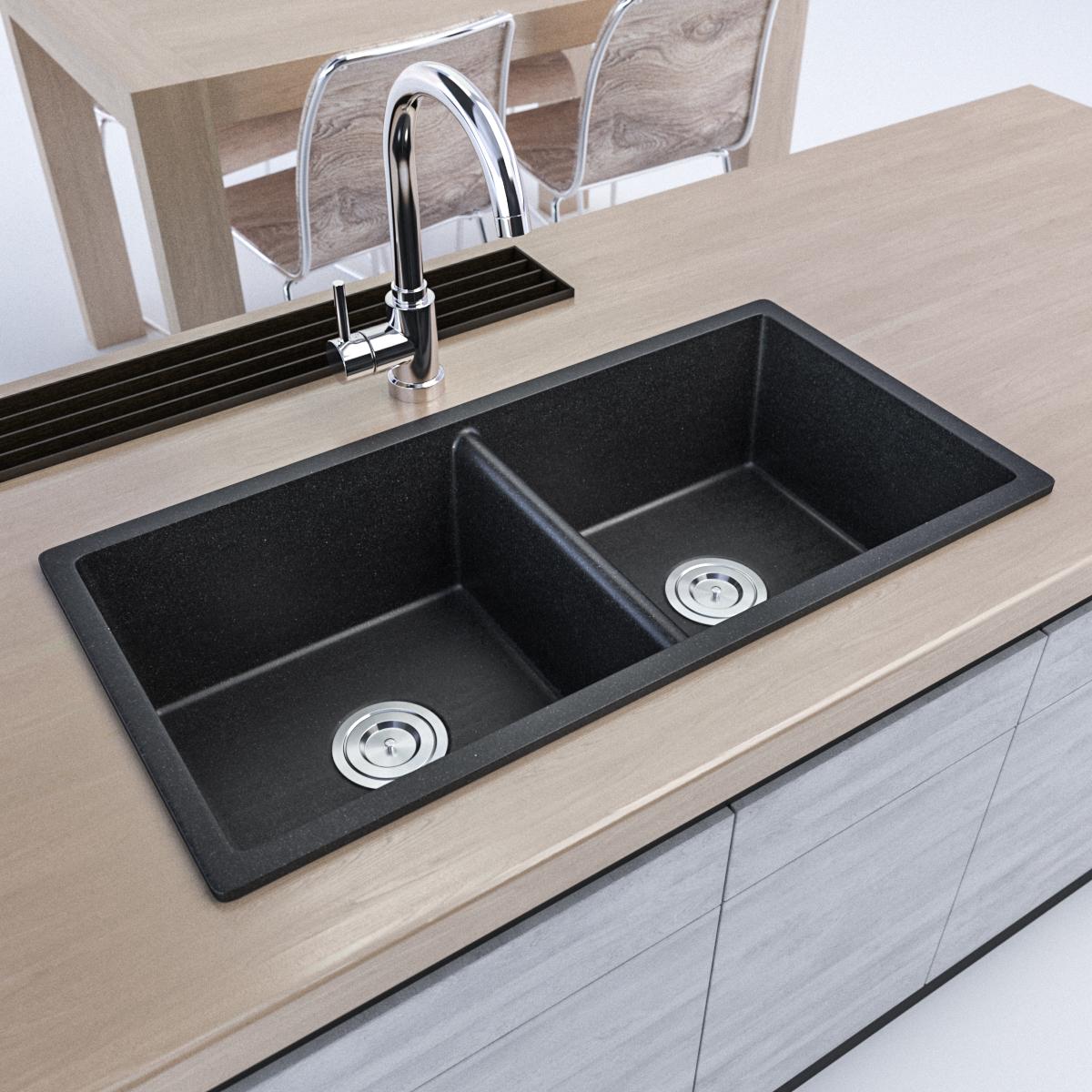 835 x 420mm Black Granite Sink – Double Bowl | Scratch & Stain Resistant