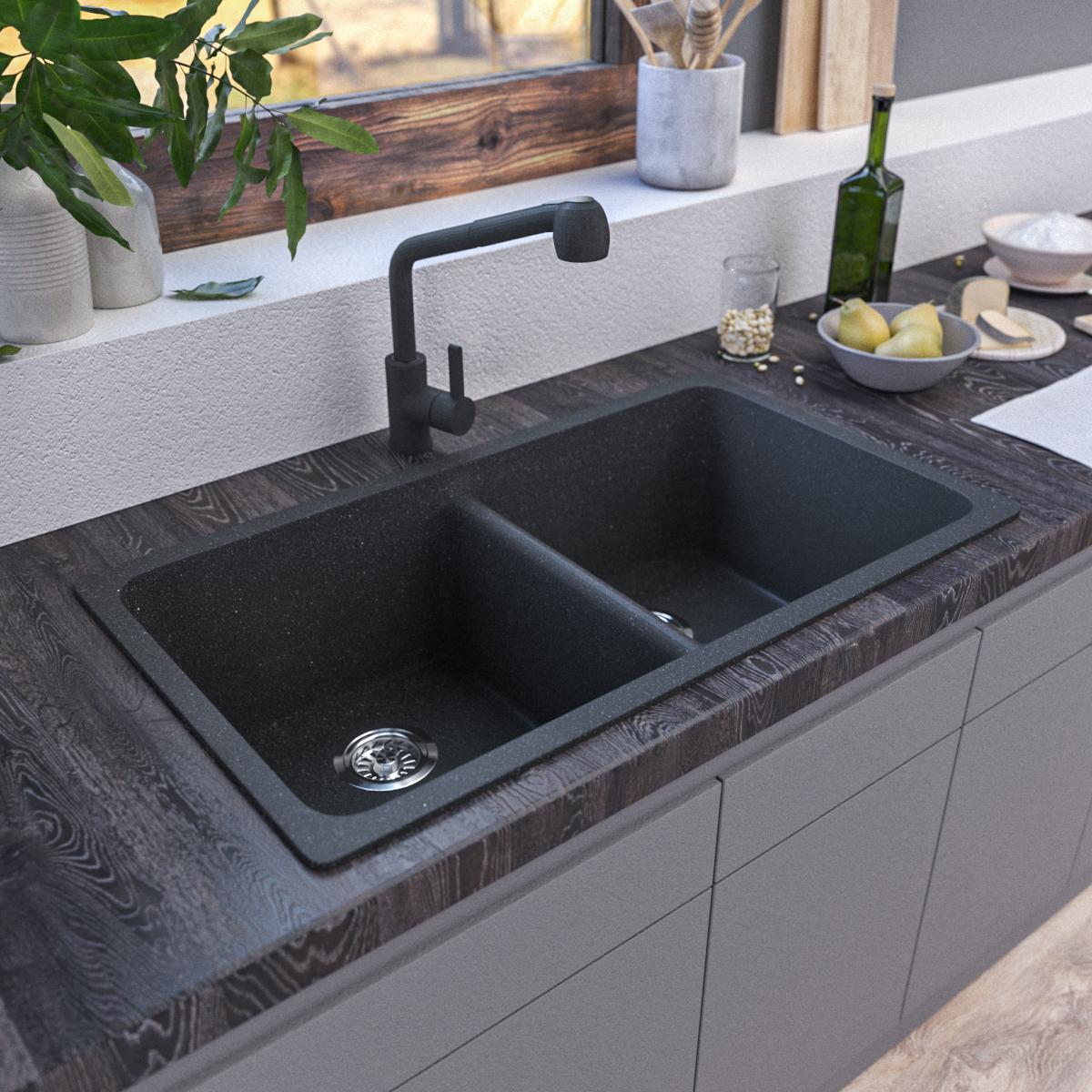 835 x 420mm Black Granite Sink – Double Bowl | Scratch & Stain Resistant