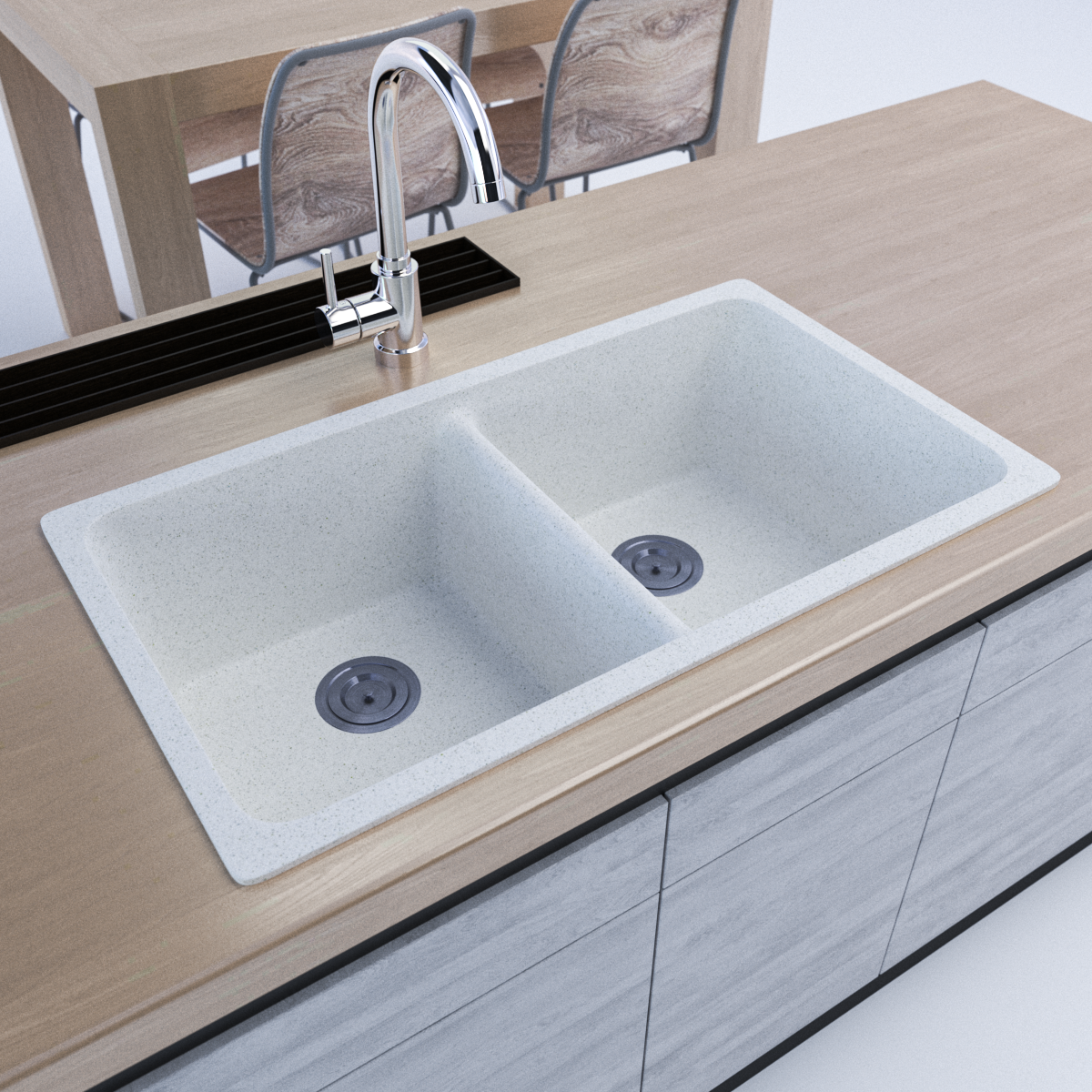835 x 420mm White Granite Sink – Double Bowl | Scratch & Stain Resistant