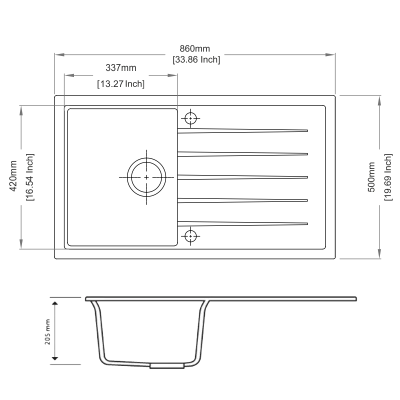 White Carysil Vivaldi D-100 Granite Single Bowl with Drain Board Kitchen Sink (860×500 mm)